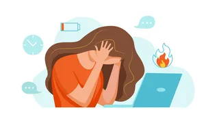 person at laptop with low battery icon, clock, flame, and message icon around them