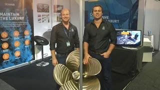 Sam Wheaton and Matthew Hyde of Seahub Software at their first boat show after launch
