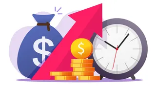 money bag, upward arrow, coins, clock