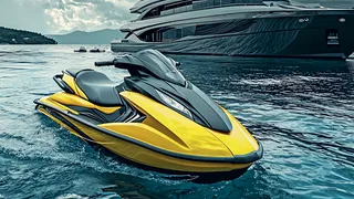 jetski in water in front of a yacht